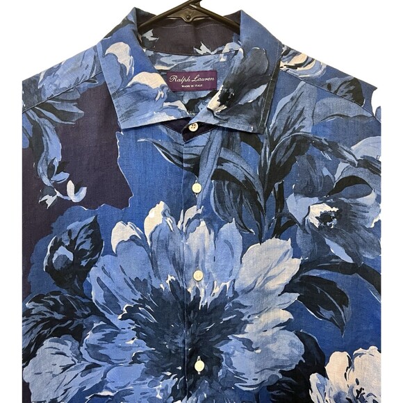 RALPH LAUREN Purple Label 100% Linen Blue Floral Made In Italy Shirt Men's Sz XL - Picture 3 of 5